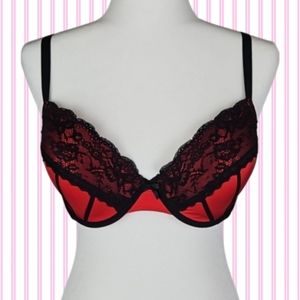 Red Satin Black Lace Push-Up Bra, 38C